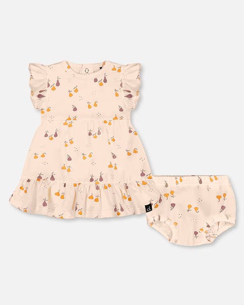 Baby Girl's Printed Organic Cotton Dress And Bloomer Set Peach With Pears