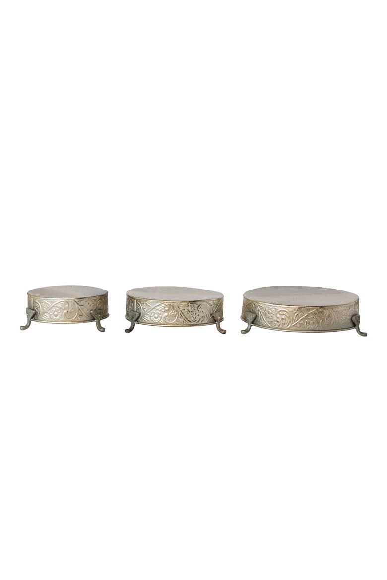 Embossed Metal Footed Pedestals, Silver Finish, Set of 3, Main, color, Silver