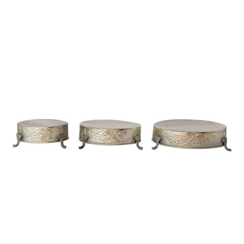 Embossed Metal Footed Pedestals, Silver Finish, Set of 3