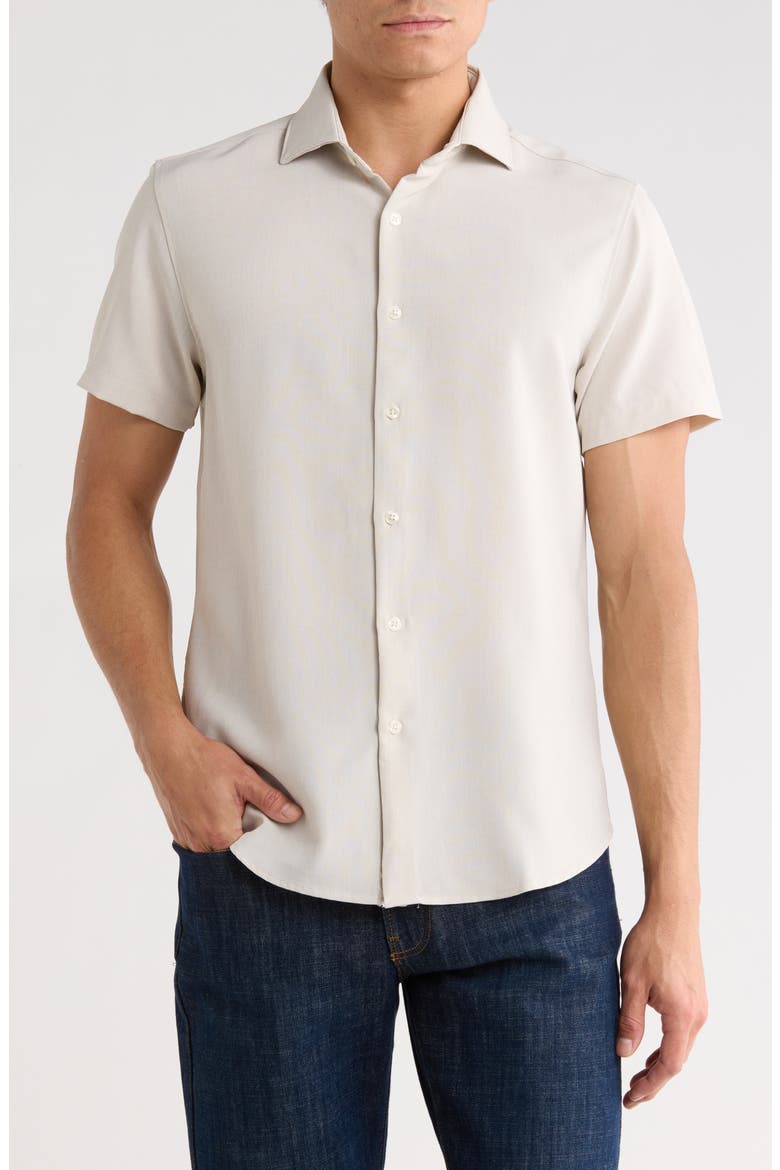 Mélange Short Sleeve Stretch Button-Up Shirt, Main, color, BEIGE
