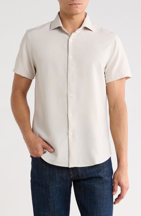 Mélange Short Sleeve Stretch Button-Up Shirt