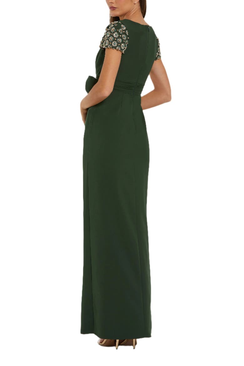 Women's Beaded Cap Sleeve Crepe Gown With Bow and Slit, Alternate, color, Forest Green