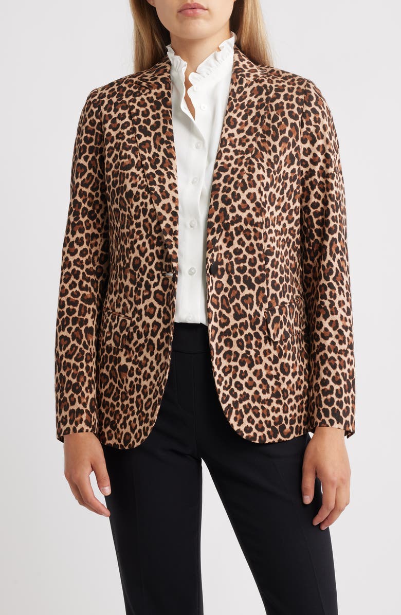 Anne Klein One-Button Stretch Cotton Blazer, Main, color, Anne Black/Brown Leopard Print
