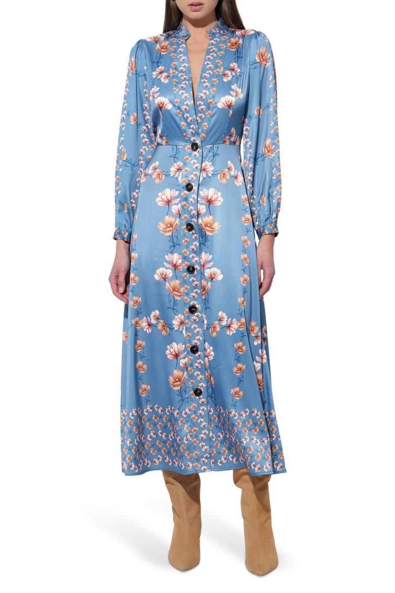 Jailyn Floral Print Long Sleeve Satin Maxi Dress, Main, color, HAZE BLUE