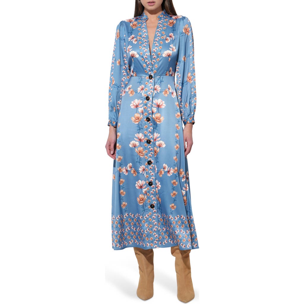 Adelyn Rae Jailyn Floral Print Long Sleeve Satin Maxi Dress in Haze Blue  product