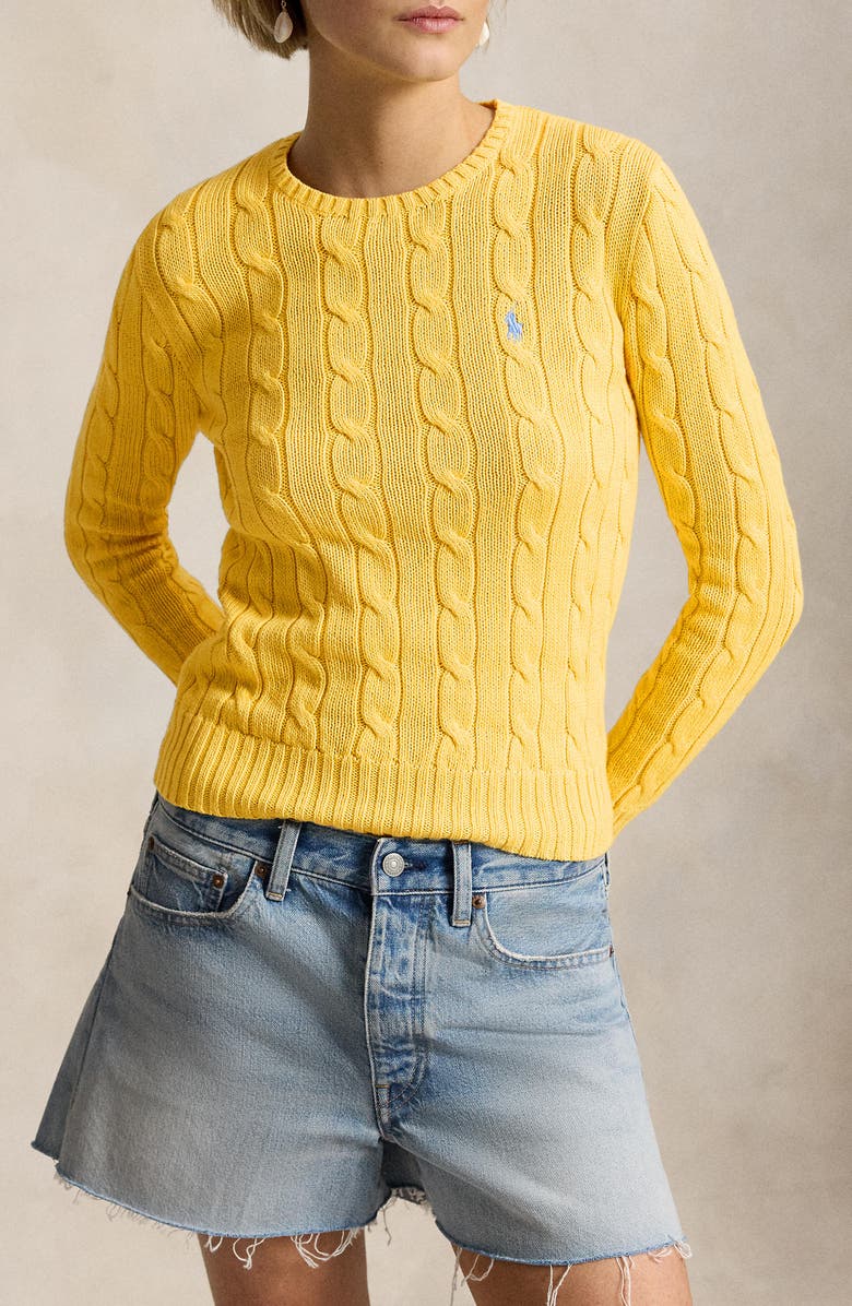 Polo Ralph Lauren Cable Stitch Cotton Crewneck Sweater, Alternate, color, Beach Yellow