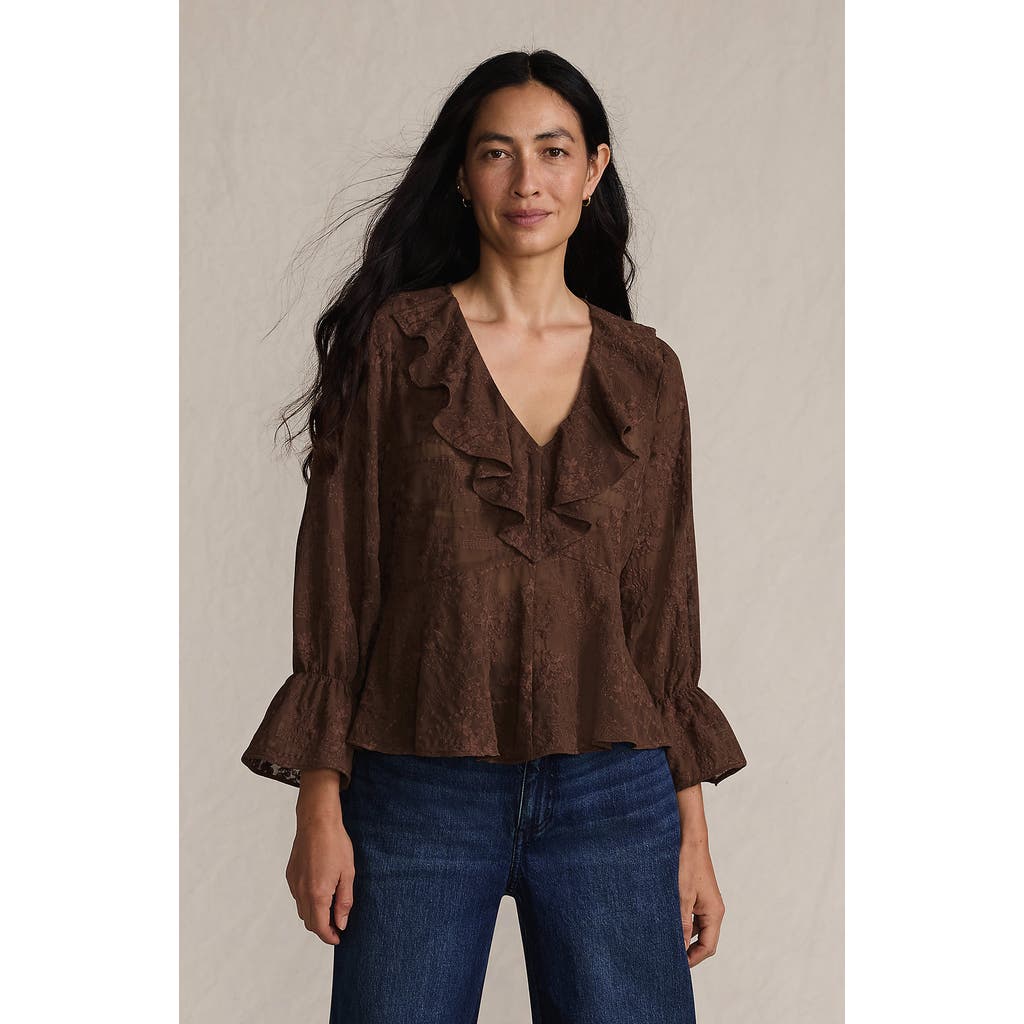 Lands' End Feminine Ruffle Chiffon V Neck Blouse In Brown