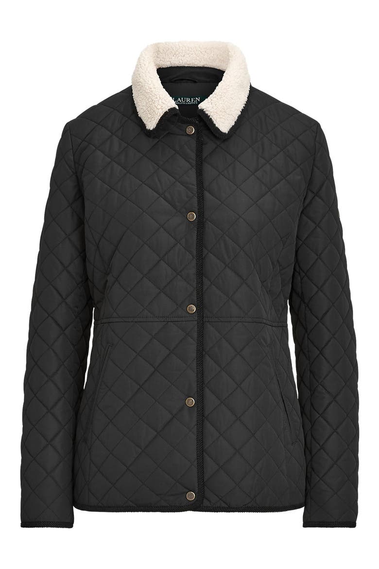 Faux Shearling Collar Quilted Jacket, Alternate, color, BLACK