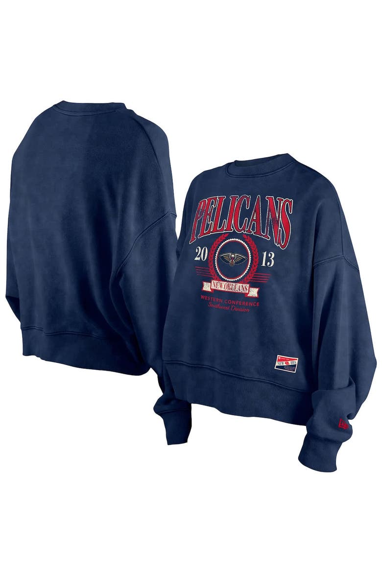 Women's New Era  Navy New Orleans Pelicans Throwback Vintage Enzyme Wash Oversized Boxy Pullover Sweatshirt, Main, color, Navy