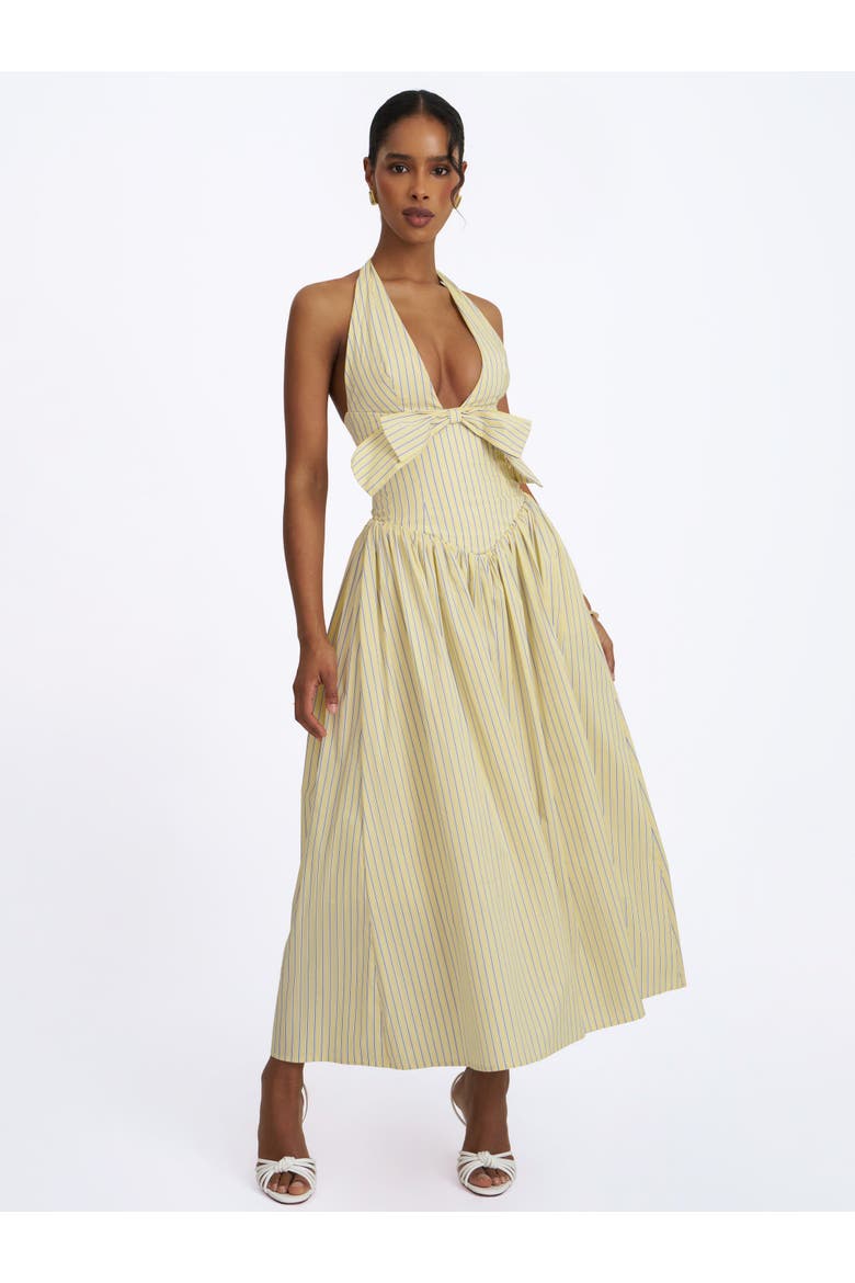 Talise Cotton Poplin Stripe Plunging Halter Maxi Dress, Alternate, color, Yellow