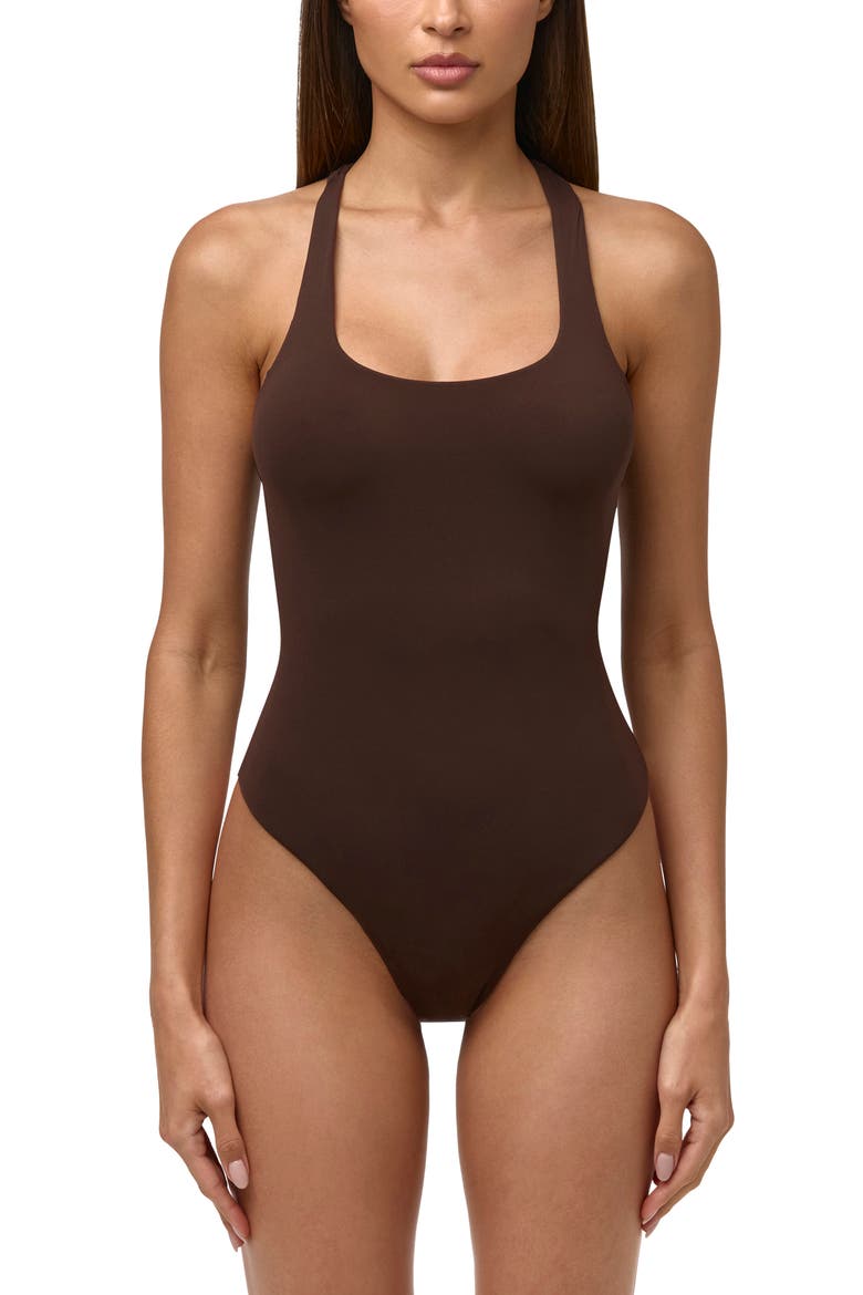 Printed Racerback Bodysuit, Main, color, DARK CHOCOLATE