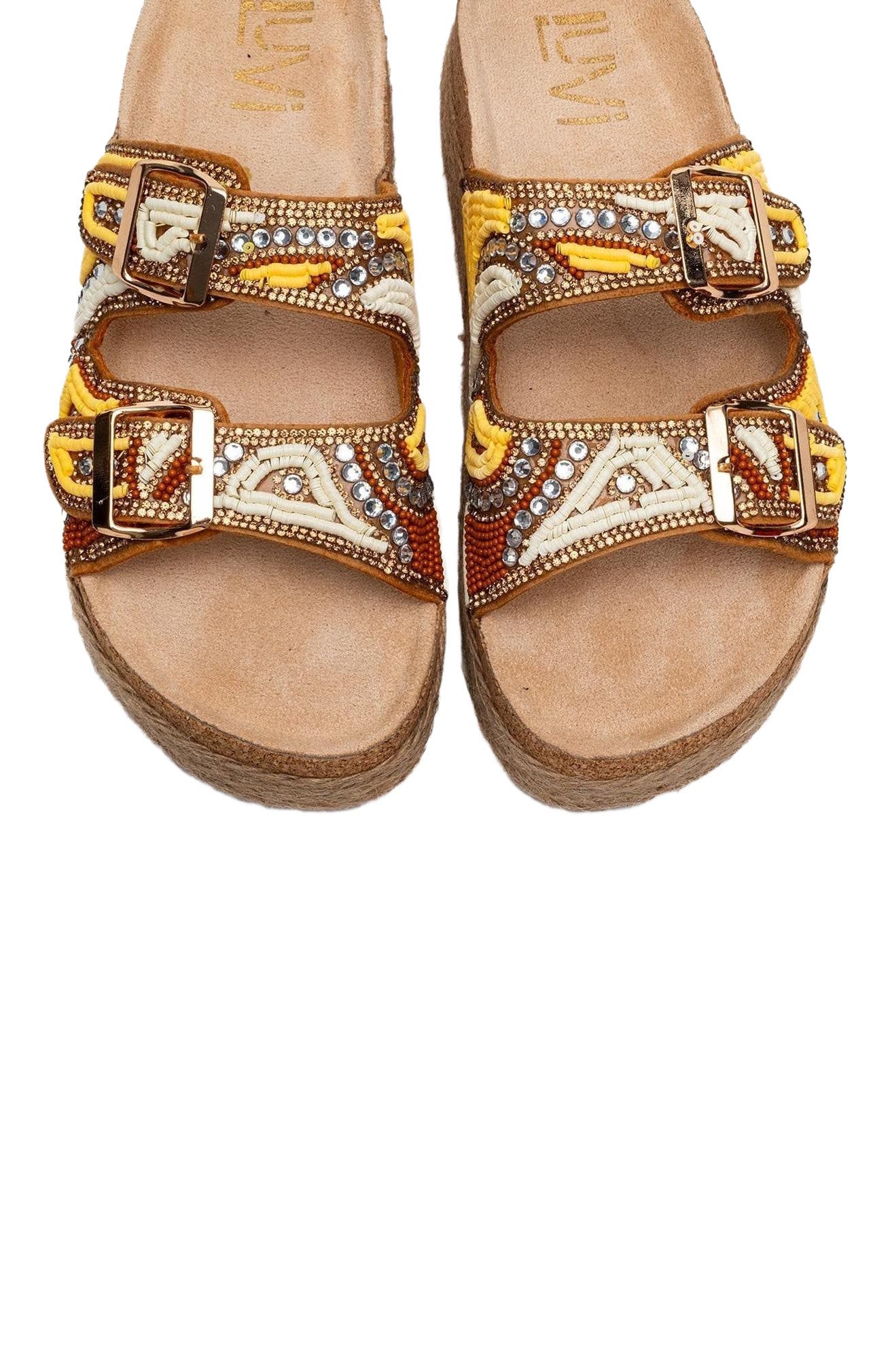 Prologue Shoes Bobby Beaded Straw Platform Slide Sandal, Alternate, color, Yellow Faux Leather