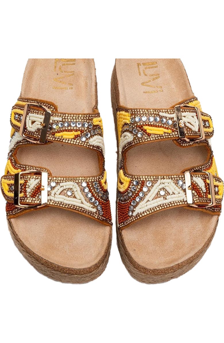 Prologue Shoes Bobby Beaded Straw Platform Slide Sandal, Alternate, color, Yellow Faux Leather