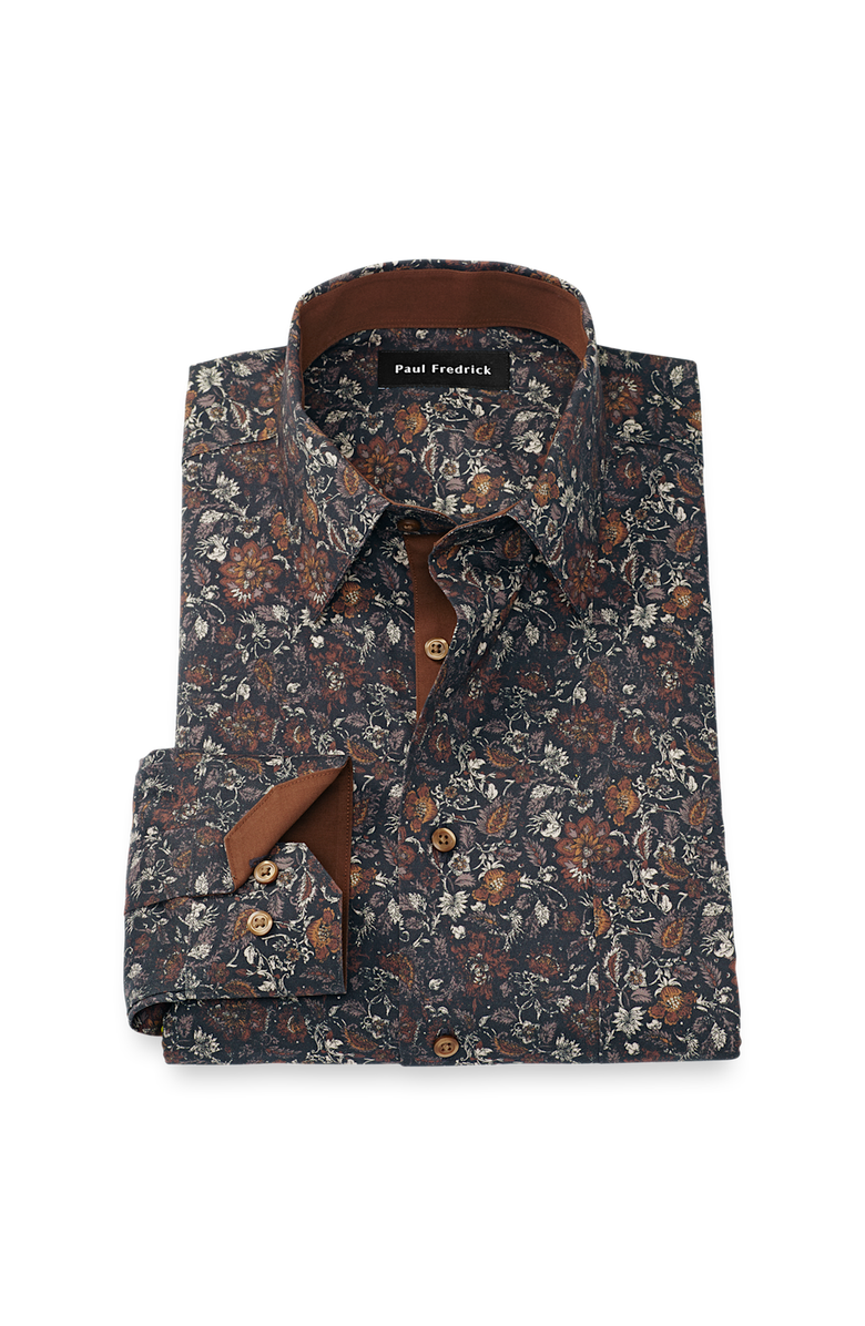 Paul Fredrick Comfort Stretch Non-iron Floral Dress Shirt With Contrast Trim, Main, color, Brown Multi