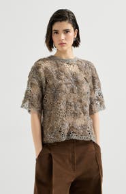 Brunello Cucinelli Whispering bloom embroidery knit t-shirt in sparkling mohair and wool