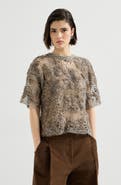 Brunello Cucinelli Whispering bloom embroidery knit t-shirt in sparkling mohair and wool