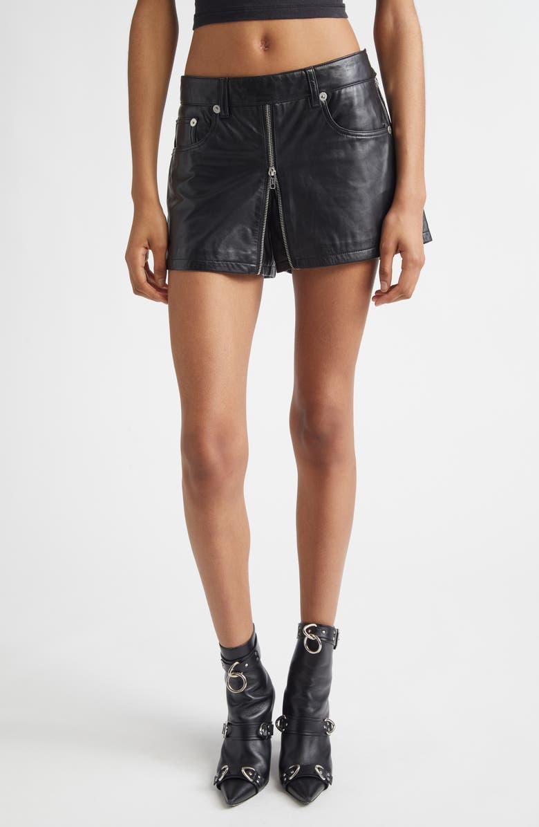 R13 Front Zip Leather Skort, Main, color, Black