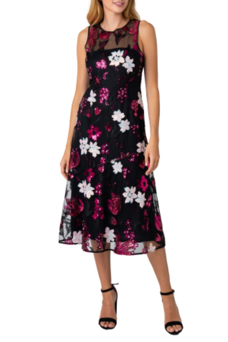 Floral Sequin Strapless Midi Dress, Main, color, PINK/ BLACK