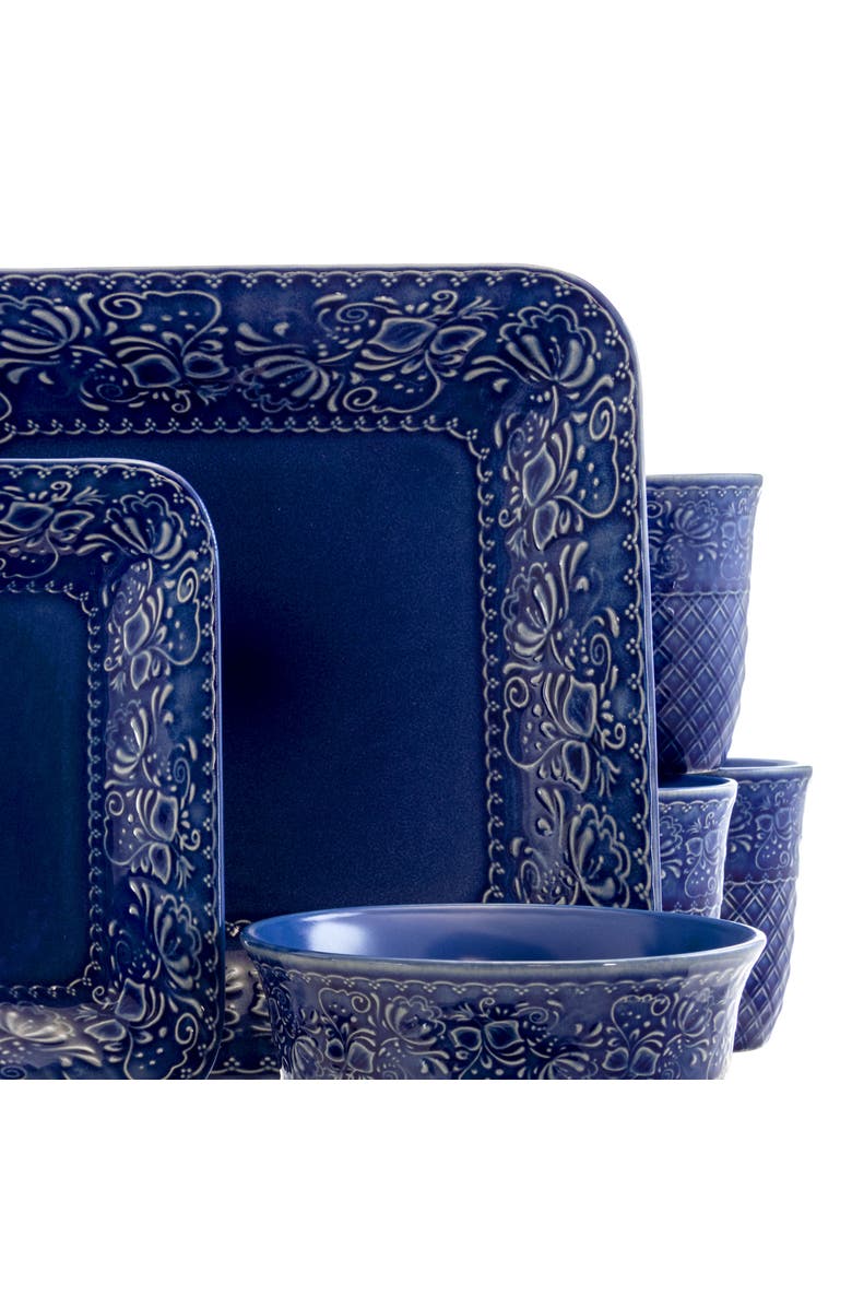 Elama Indigo Lotus 16 Piece Square Dinnerware Set, Alternate, color, Blue