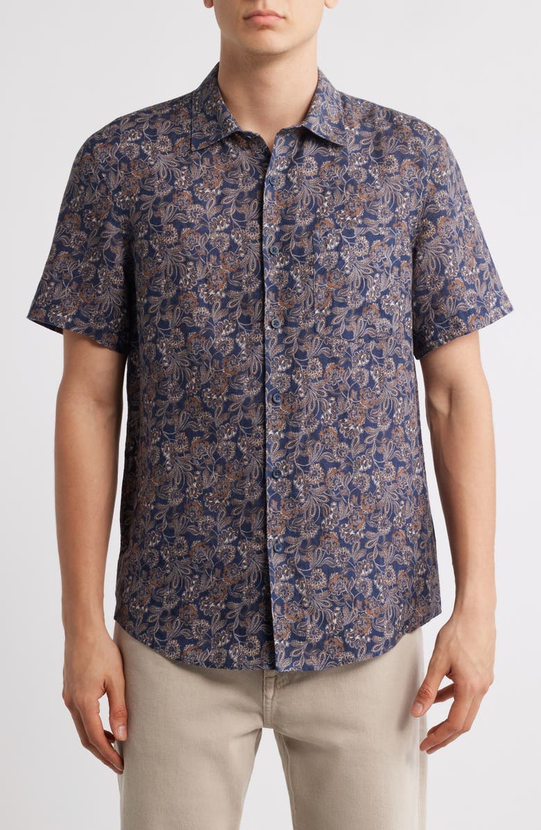 Nordstrom Floral Paisley Short Sleeve Linen Button-Up Shirt, Main, color, Navy Jasmine Paisley