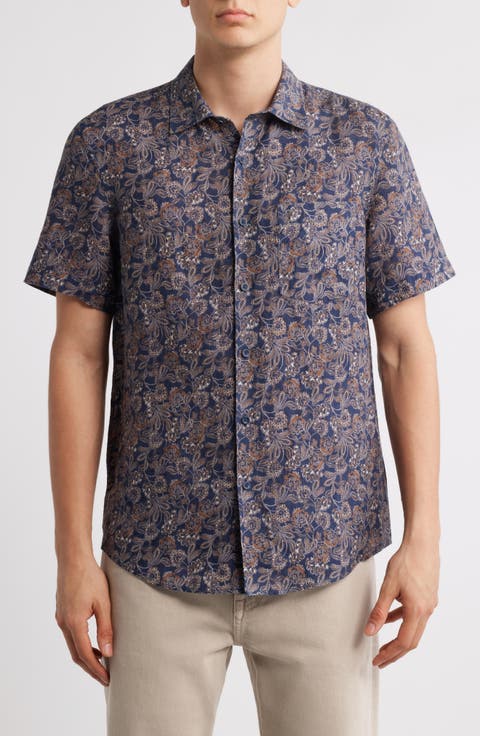 Floral Paisley Short Sleeve Linen Button-Up Shirt