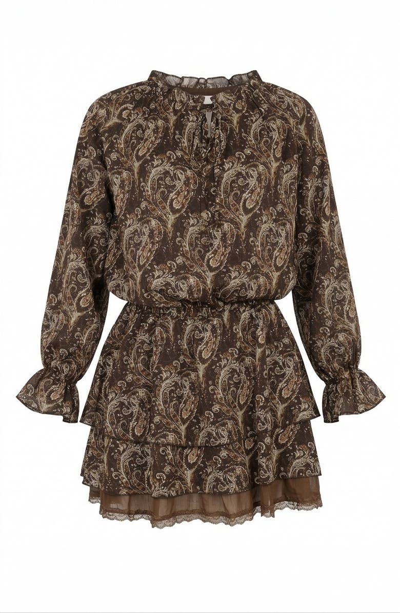 Modenaire Paisley Print Mini Dress with Tiered Skirt and Long Sleeves, Alternate, color, Dark Brown Paisley