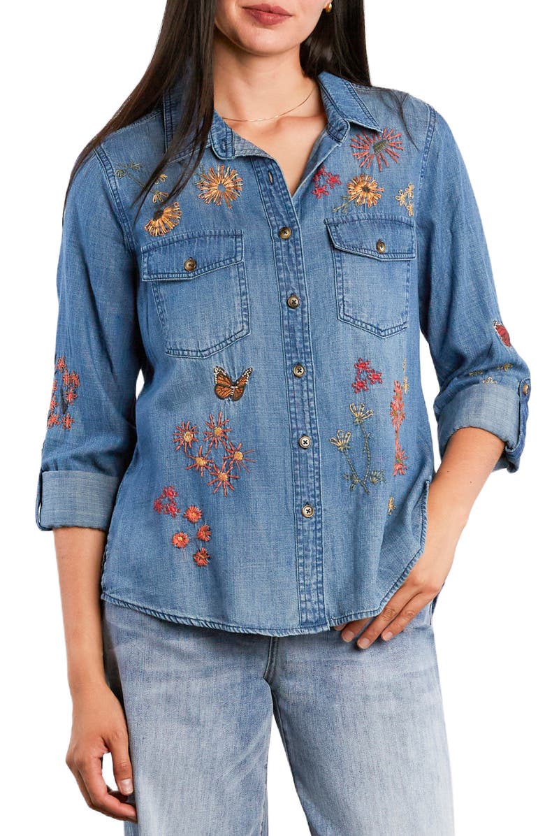 Billy T Happy Garden Denim Roll Tab Sleeve Shirt, Main, color, Denim