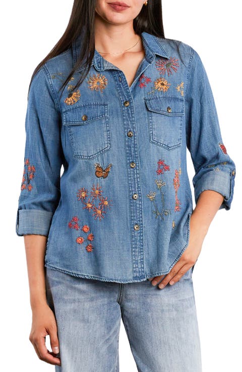 Happy Garden Denim Roll Tab Sleeve Shirt