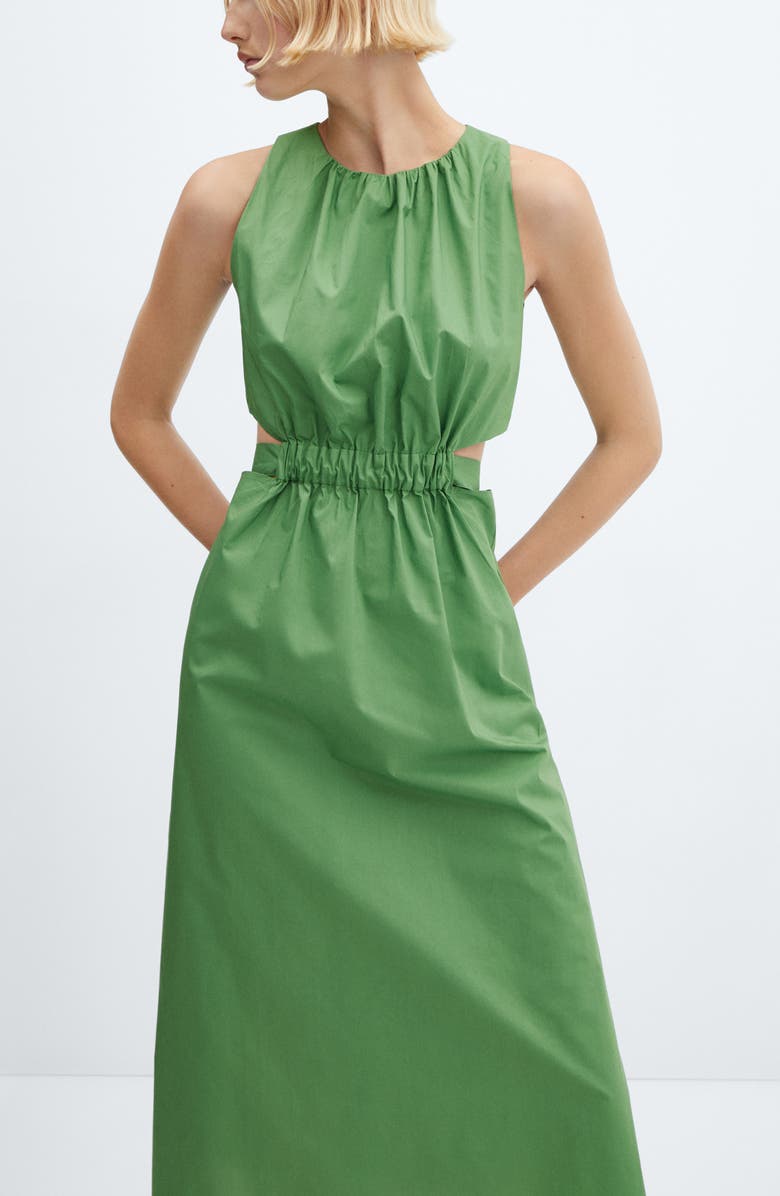 MANGO Gathered Tie Back Cotton Midi Dress, Alternate, color,