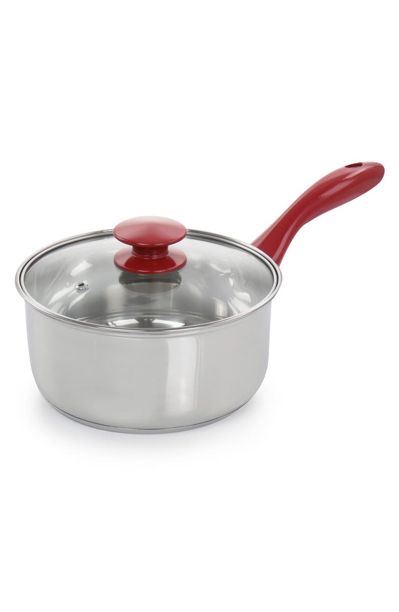 Gibson Home Crawson 7 Piece Stainless Steel Cookware Set in Chrome with Handles, Alternate, color, Red