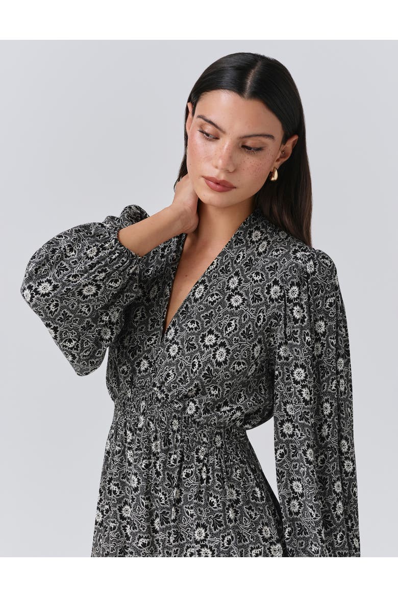 Petal Crepe V Neck Midi Waisted Dress, Alternate, color, Black Ditsy