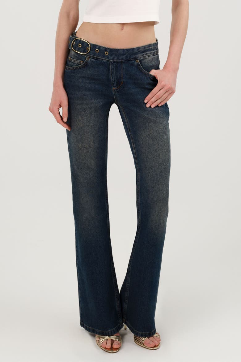 Belted Denim Flare Trousers, Alternate, color, Indigo