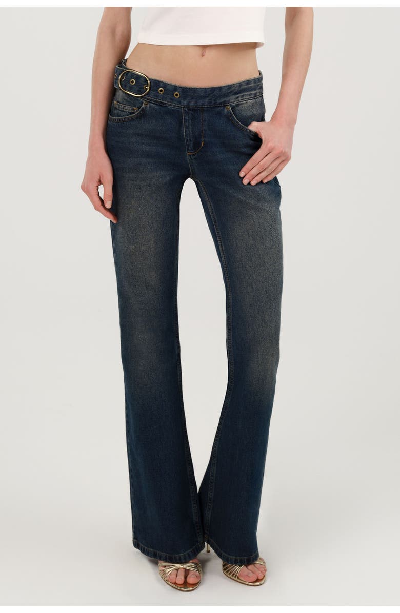 Nocturne Belted Denim Flare Trousers, Alternate, color, Indigo
