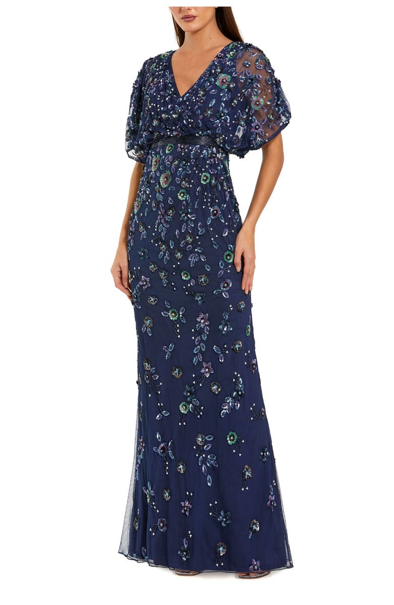 Mac Duggal Floral Embellished Short Sleeve Blouson Gown, Main, color, Navy