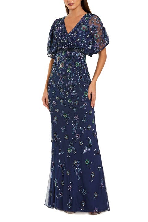 Floral Embellished Short Sleeve Blouson Gown