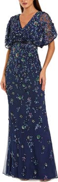 Mac Duggal Floral Embellished Short Sleeve Blouson Gown
