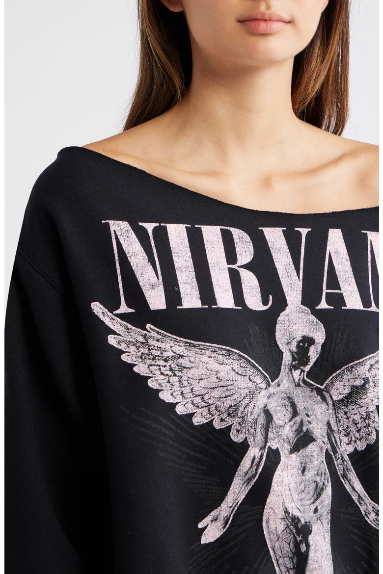 Nirvana Graphic Off the Shoulder Sweatshirt, Alternate, color, BLACK