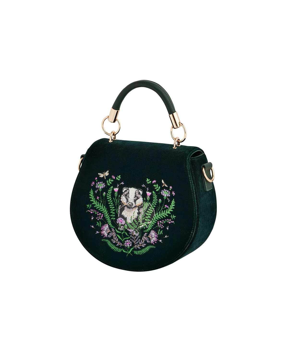 Fable England Badger Embroidered Green Top Handle Saddle Bag, Alternate, color, Woodland Green