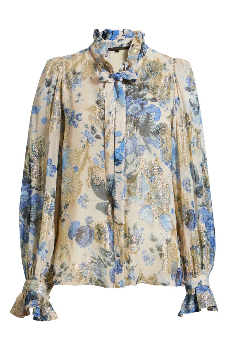 KOBI HALPERIN Josie Metallic Floral Ruffle Button-Up Shirt, Main, color, Blue Multi