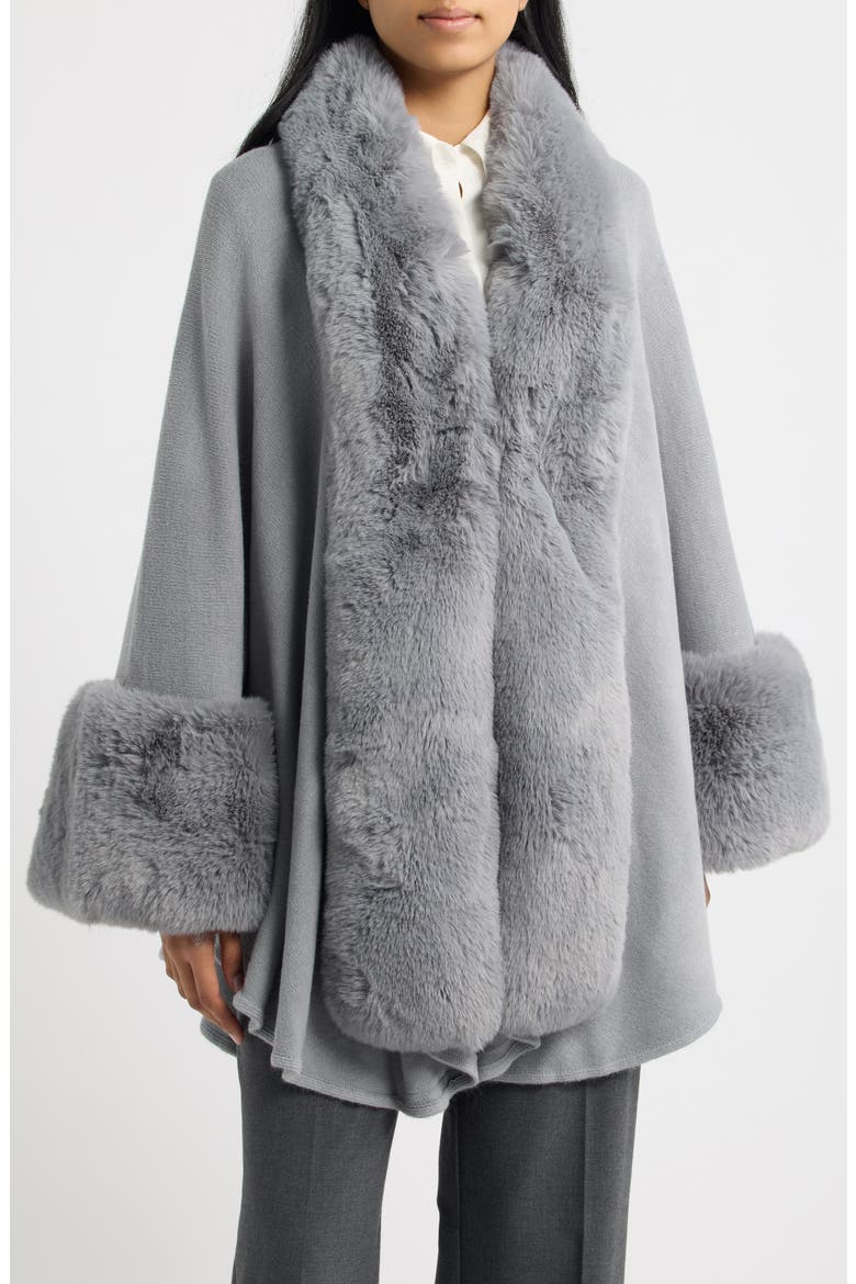Faux Fur Trim Knit Ruana, Alternate, color, GREY