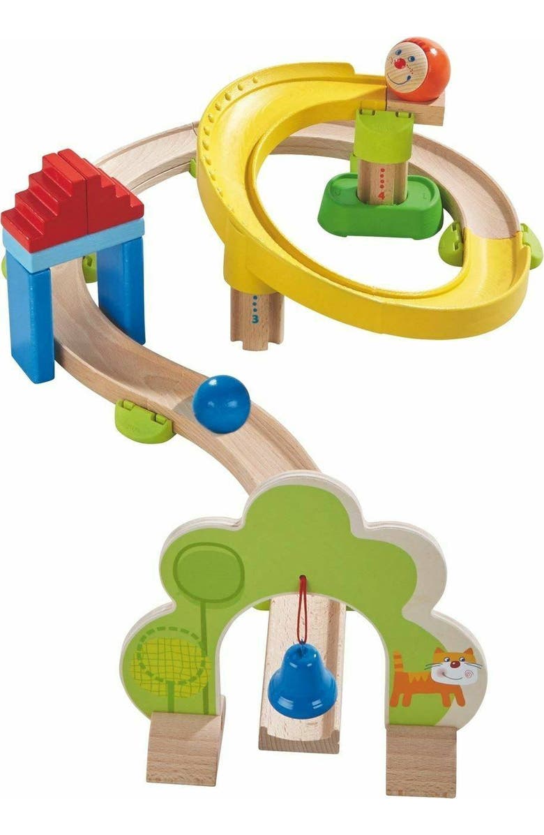 HABA Ball Run - Kullerbu Spiral Track, 26 Piece Wood & Plastic Marble Run Set with Wild Curves & Bell for Kids 2-8, STEM Toy Marble Maze Building Set, Alternate, color, Multi