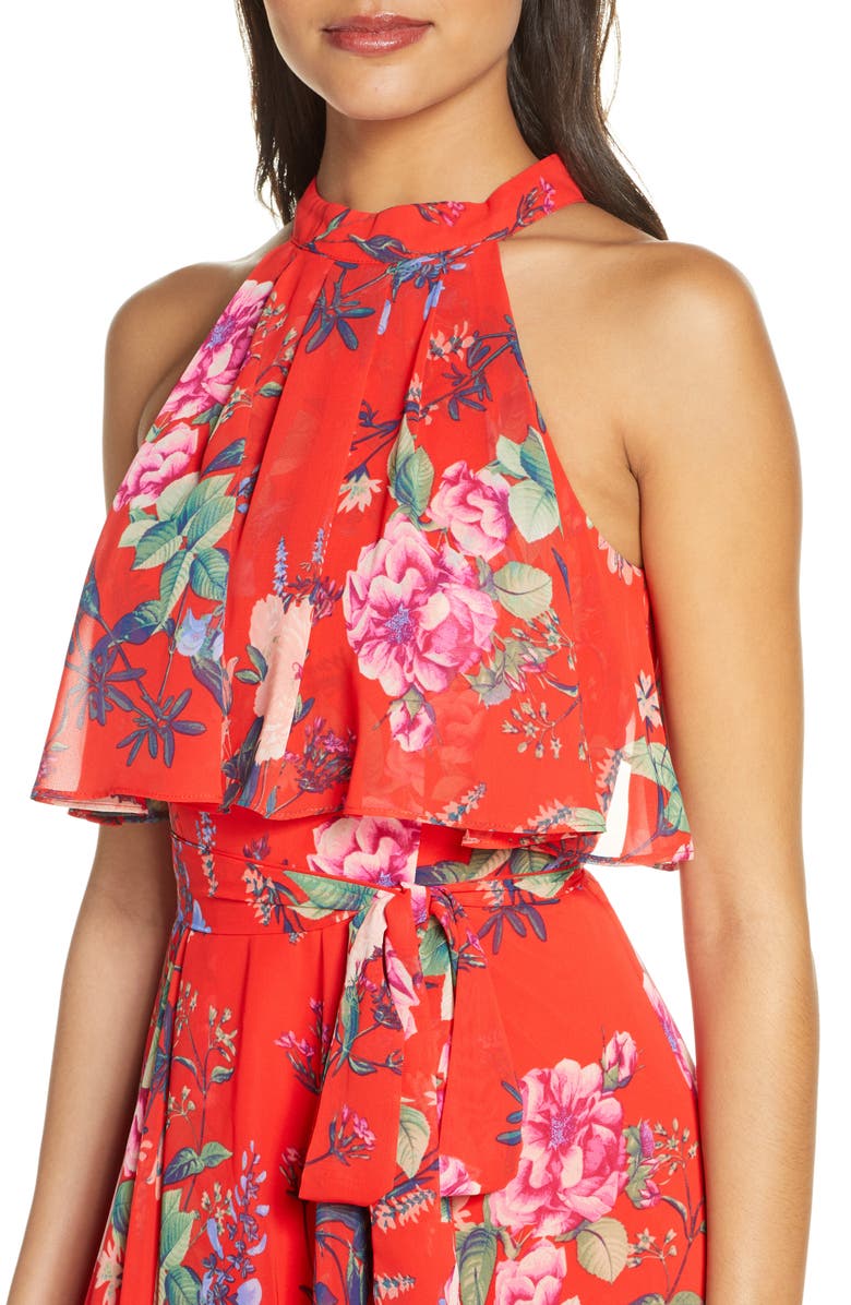 Eliza J Popover Halter High/Low Chiffon Maxi Dress, Alternate, color, 