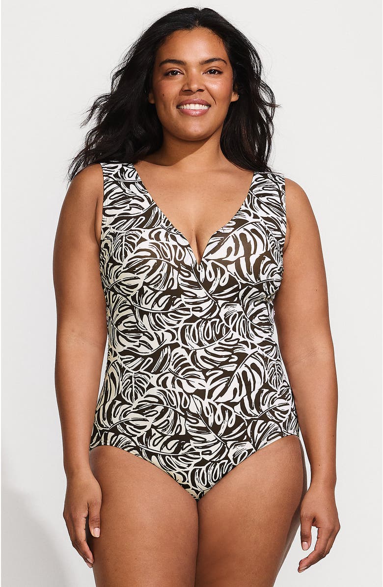 Lands' End Sculpting Suit Sweetheart V-Wire High Leg One Piece Swimsuit, Main, color, Brown Mini Tropic Leaves
