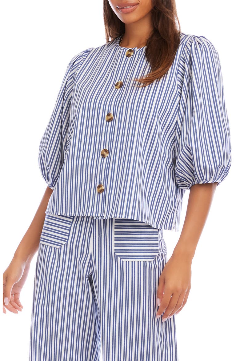 Puff Sleeve Button-Up Shirt, Alternate, color, BLUE/WHITE