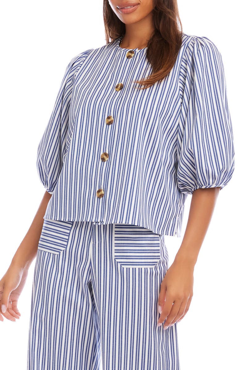Karen Kane Puff Sleeve Button-Up Shirt, Alternate, color, Blue/White