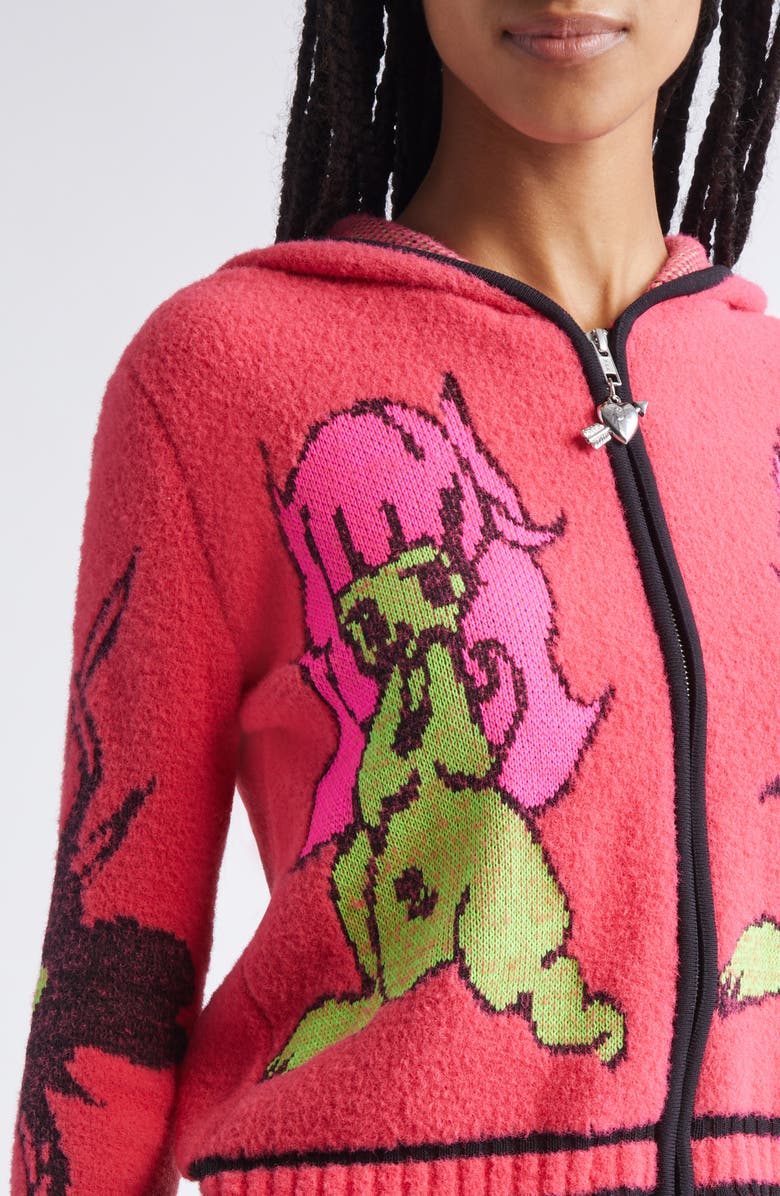 Chopova Lowena My Name is Tiny Jacquard Hooded Zip Cardigan, Alternate, color, Red Multi