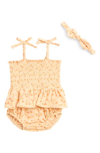 7 For All Mankind Smocked Bubble Bodysuit & Headband Set In Sunflower