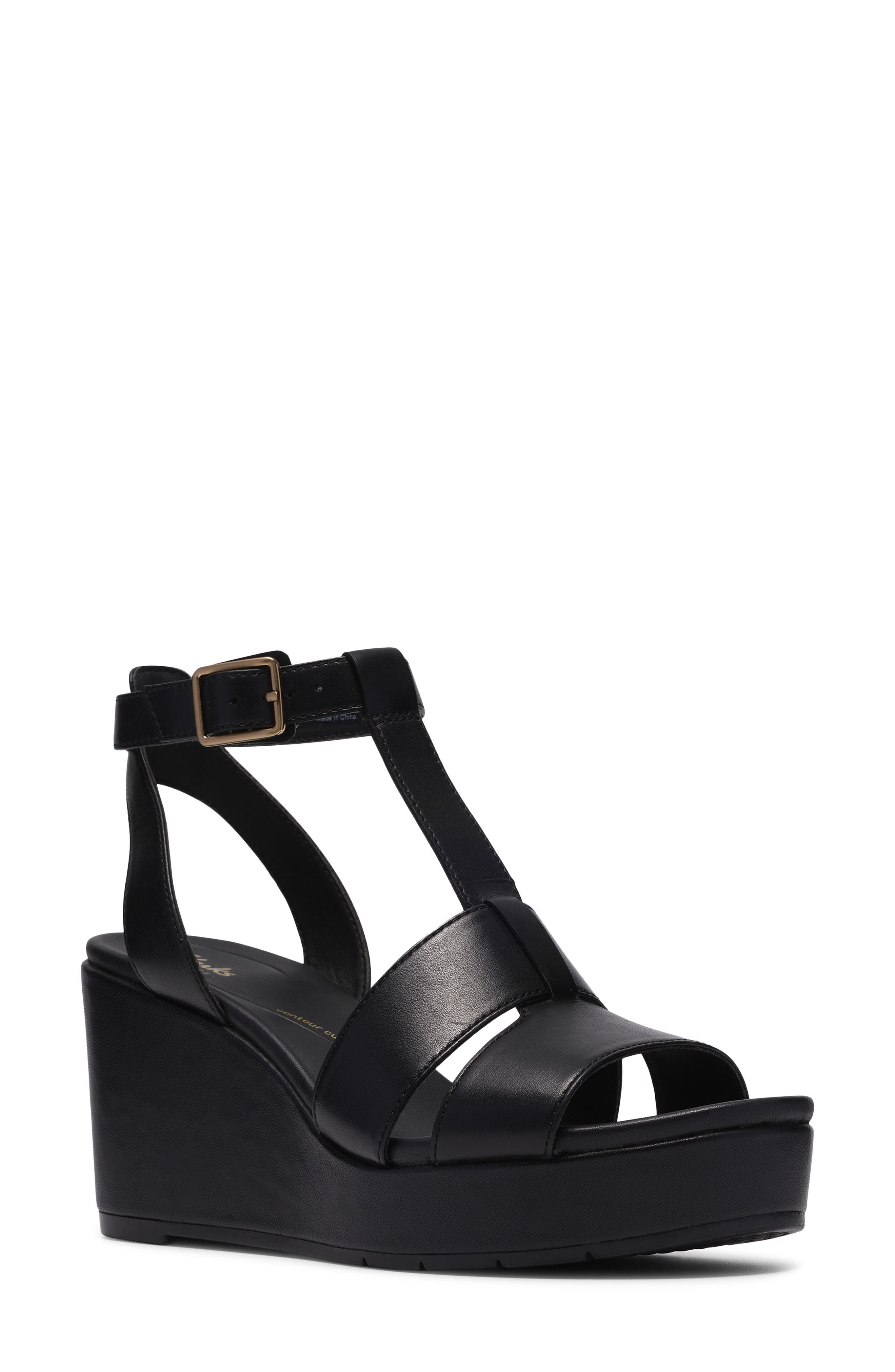 Clarks<sup>®</sup> Sabina Hope Platform Wedge Sandal, Main, color, Black Leather