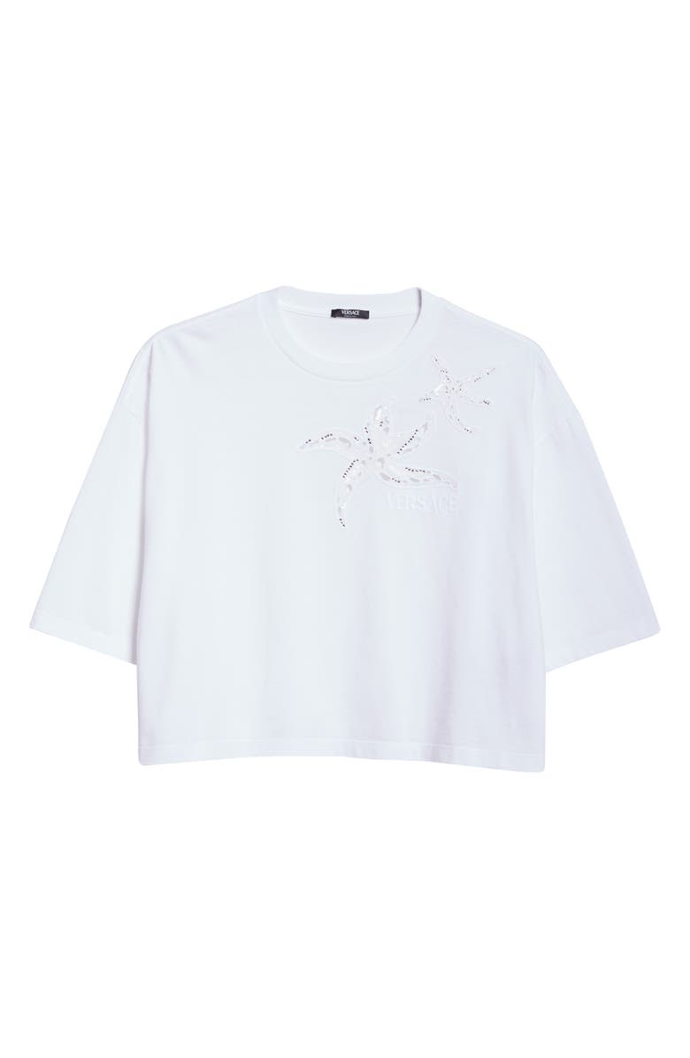 Versace Starfish Logo Crystal Embellished Crop Cotton T-Shirt, Alternate, color, 