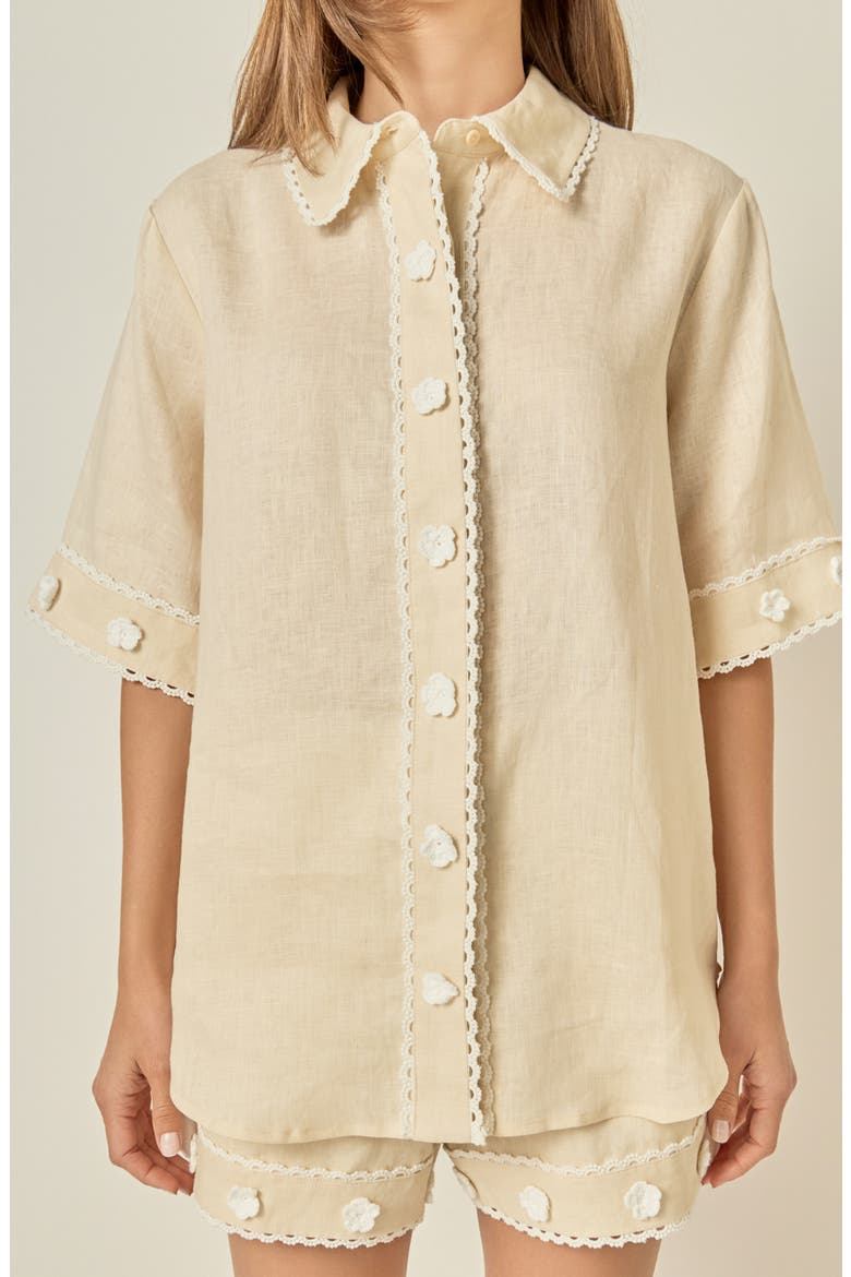 Floral Detailed Short Sleeve Linen Shirt, Alternate, color, LIGHT BEIGE